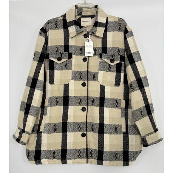 Lucky Brand Buffalo Plaid Oversized Jacket Women’s M Cream Black Southwestern - Picture 1 of 16